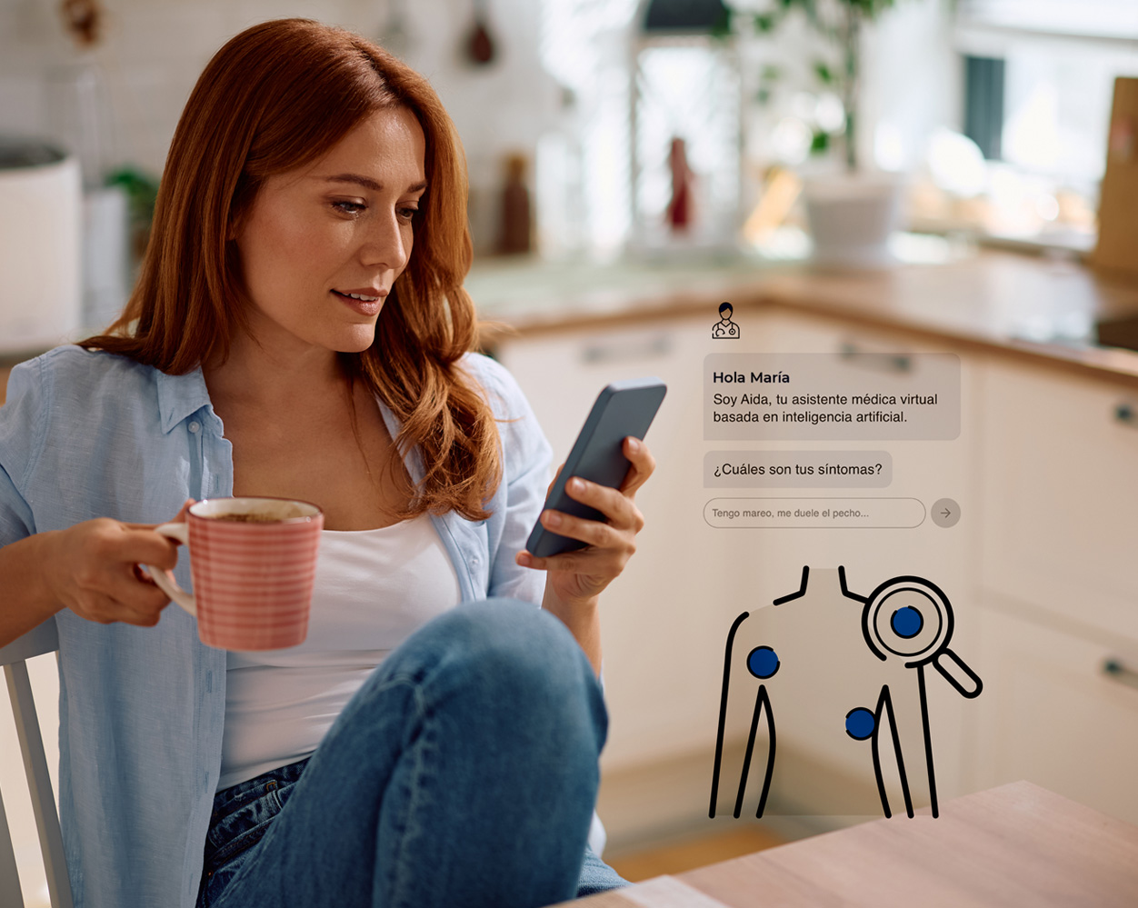 Mujer viendo su celular al desayuno, con una pantalla de la imagen encima.