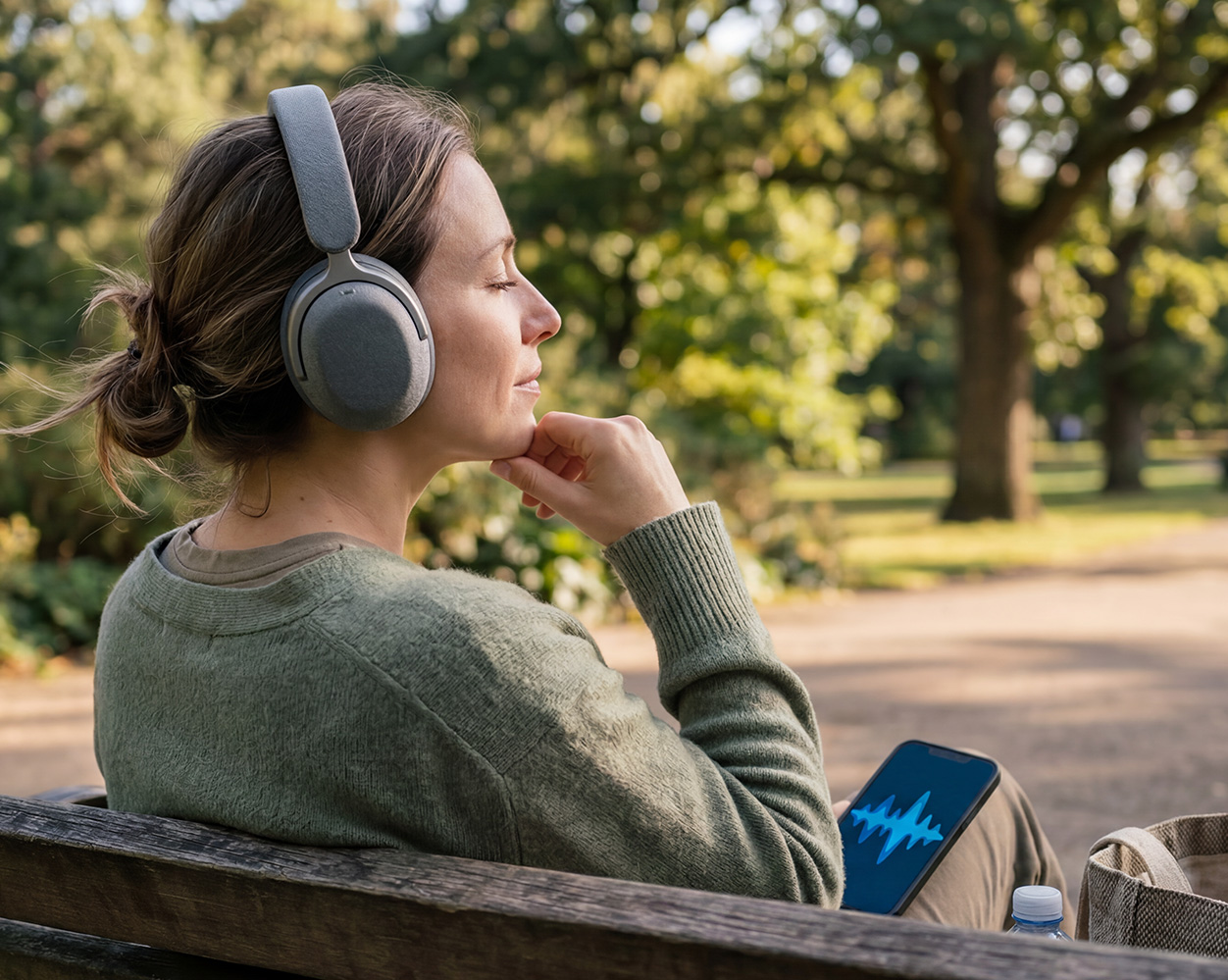 Mujer meditando con sus audifonos en el parque.