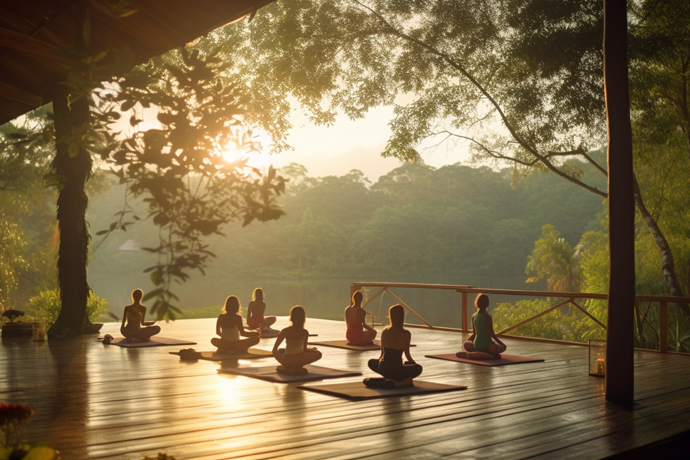 Personas practicando yoga en medio de la naturaleza
