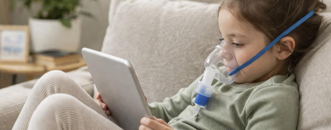 Niña recibiendo tratamiento respiratorio en casa mediante nebulizador dentro de un programa de hospitalización domiciliaria 
